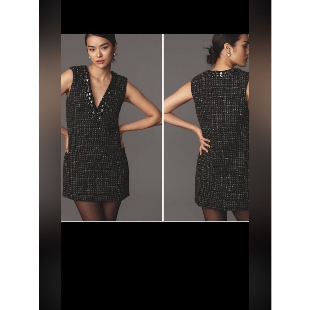 NWT Maeve by Anthropologie V Neck Tweed Mini Dress in Black Size XS